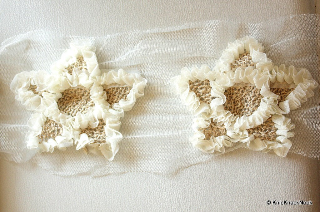White And Beige Shabby Star Trim, Fabric Applique - 030315A175