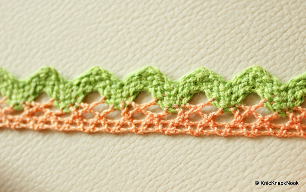 Peach And Green Embroidery Crochet (Cotton) One Yard Lace Trims Approx. 18mm Wide