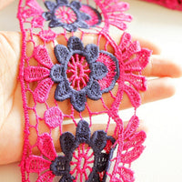 Thumbnail for Fuchsia Pink And Blue Embroidery Crochet (Cotton) One Yard Lace Trims Approx. 85mm Wide