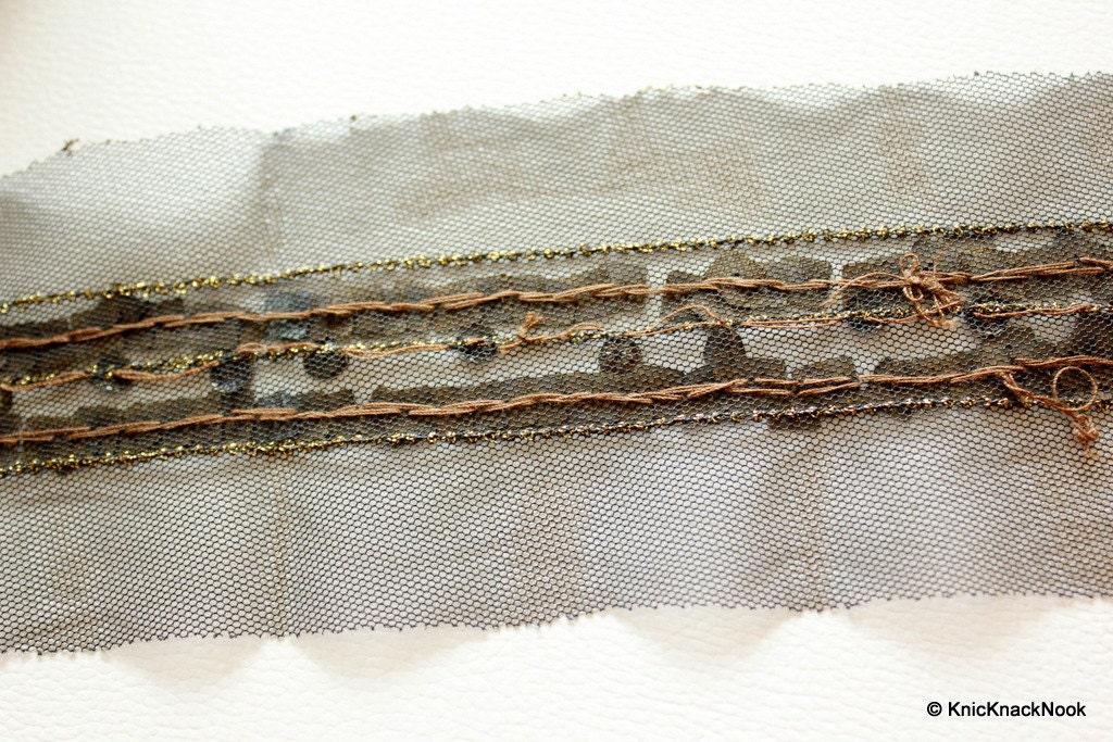 Black Net Lace Trim With Antique Bronze Sequins, Approx. 75mm wide