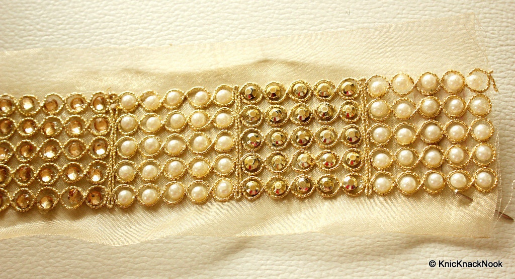 Copper Crystal And White Pearl Beads Gold Lace Trim, Approx. 60mm Wide