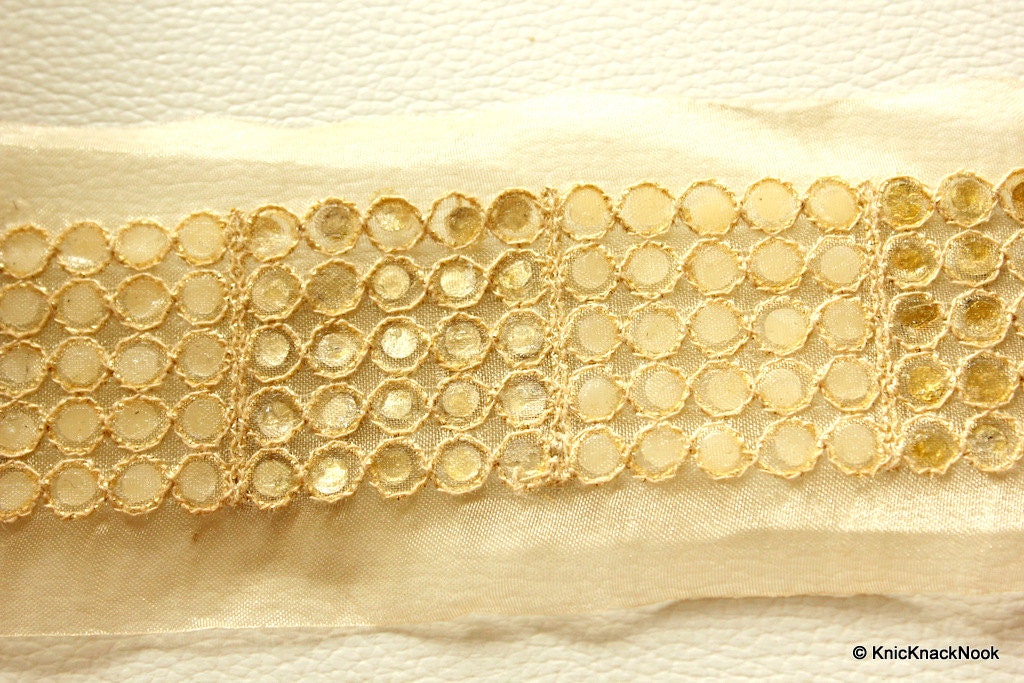 Copper Crystal And White Pearl Beads Gold Lace Trim, Approx. 60mm Wide
