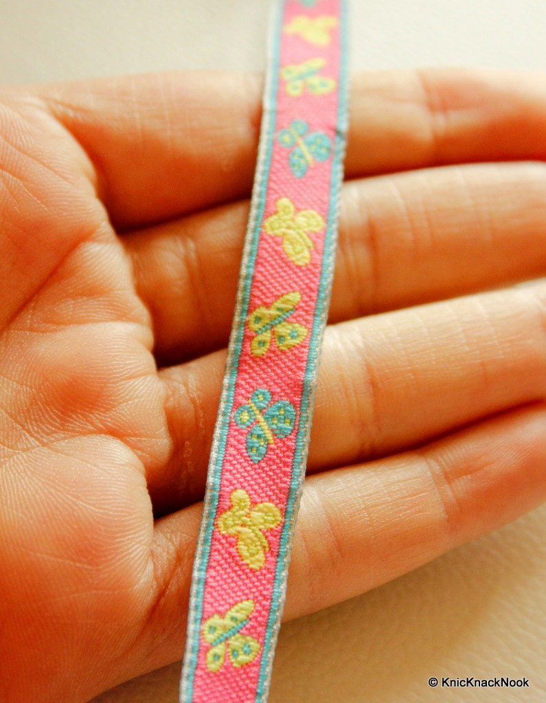 Pink Ribbon Trim With Yellow And Green Butterfly, One Yard Lace, Approx. 12mm Wide