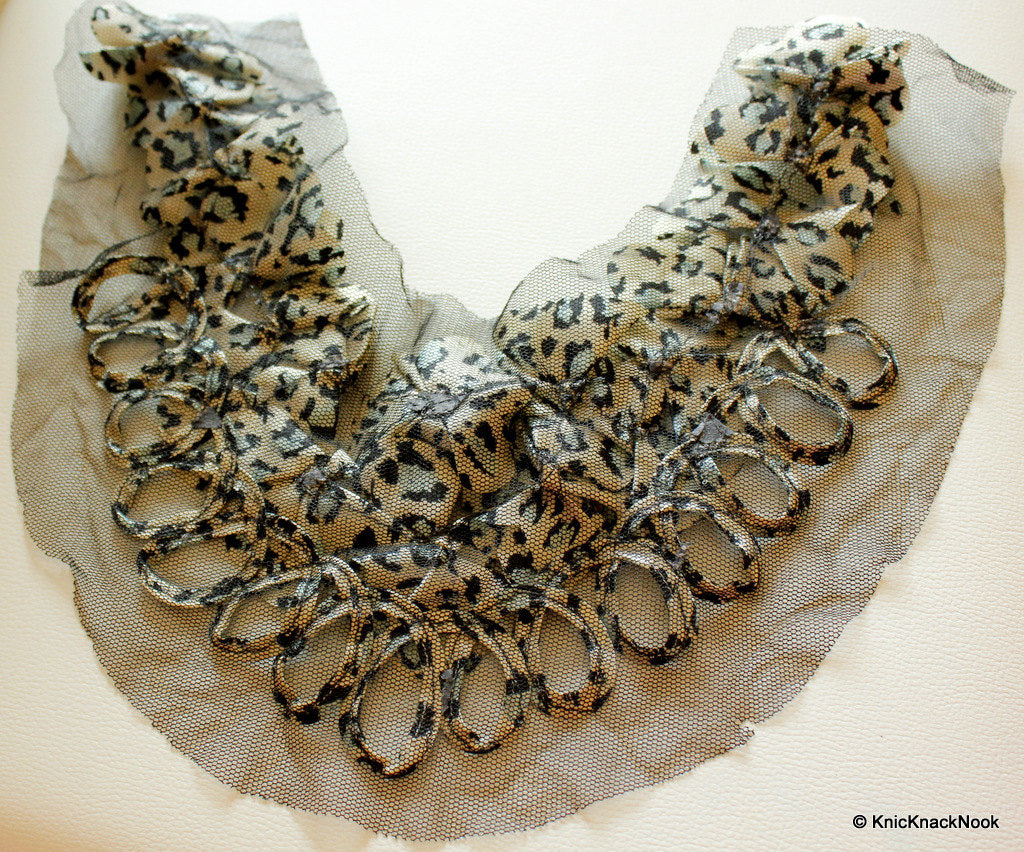 White, Blue And Black Leopard Print Satin Fabric Neck Collar Trim