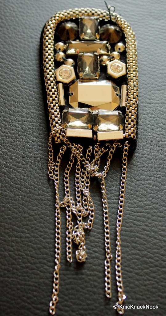 Black Felt Embellishment With Silver And Grey Crystal And Beads With Chain Dangles - 030315A208