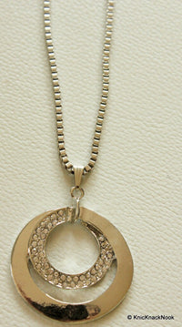 Thumbnail for Silver Pendant, Round Crystal Rhinestone Pendant Long Chain Necklace