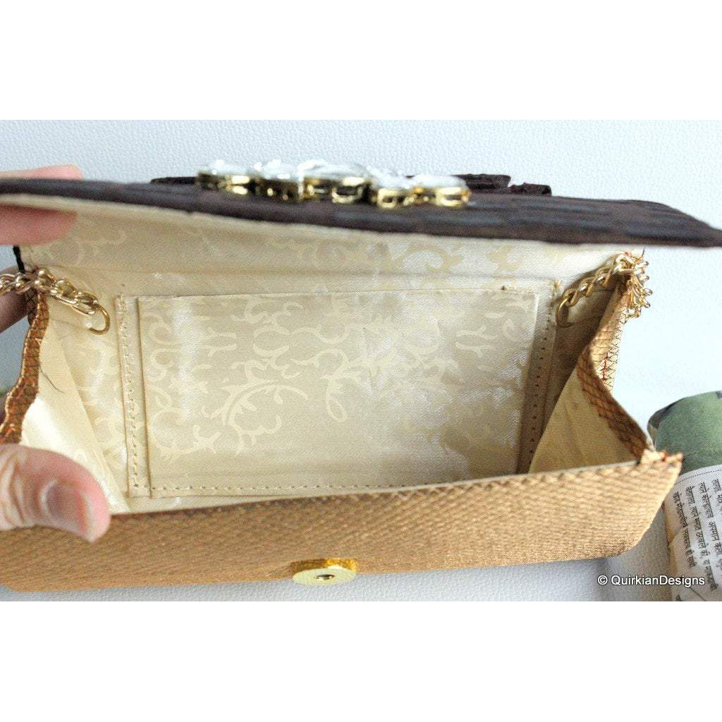 Wedding Party Clutch, Hard Body Purse, Brown And Copper Bronze Fabric Purse