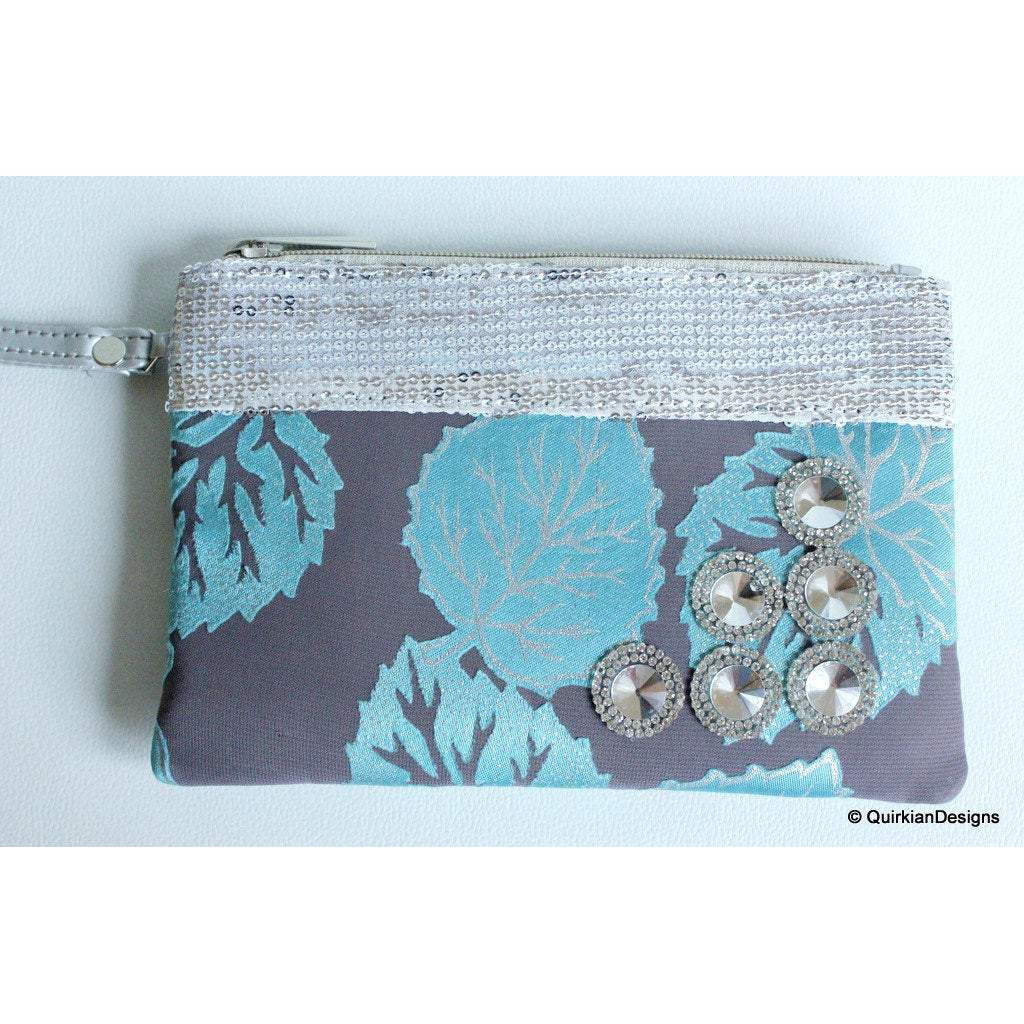 Wedding Party Clutch, Green, Grey And Silver Fabric Purse, Sequins Purse