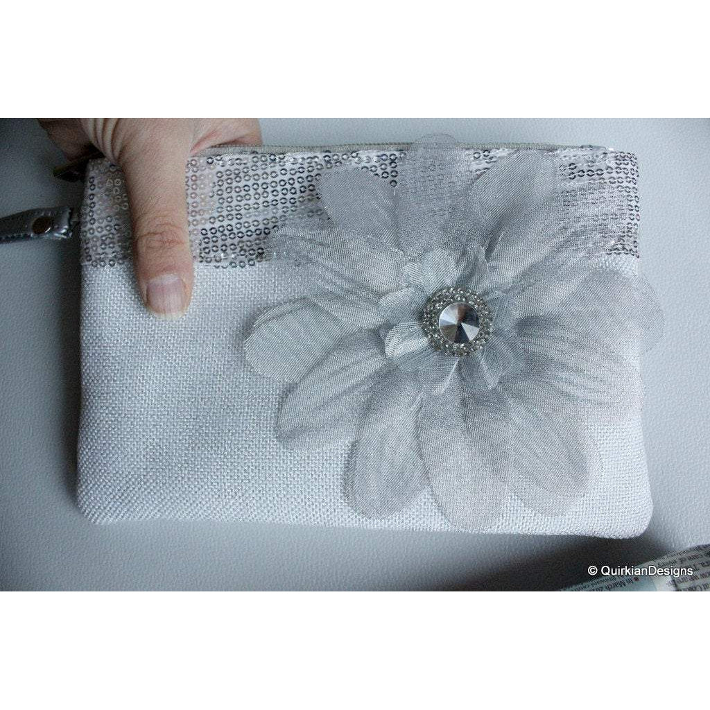 Wedding Party Clutch, Silver Fabric Purse, Sequins Purse