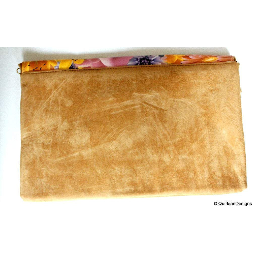 Brown Bag With Purple, Pink And Yellow Flowers Design, Wedding & Party Clutch and Bags, Faux Leather Bag