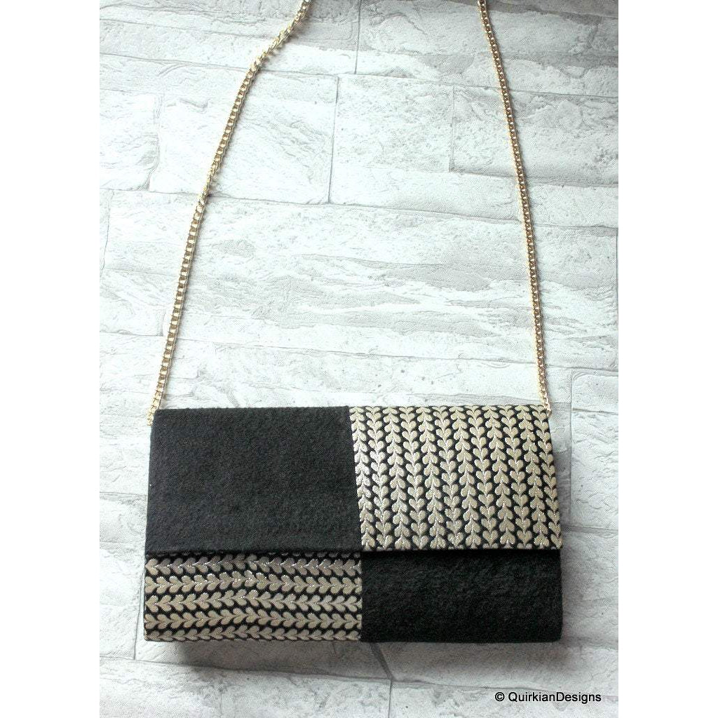 Black And Silver Brocade Fabric Clutch, Wedding Clutch, Party Bag, Hard Body Bag