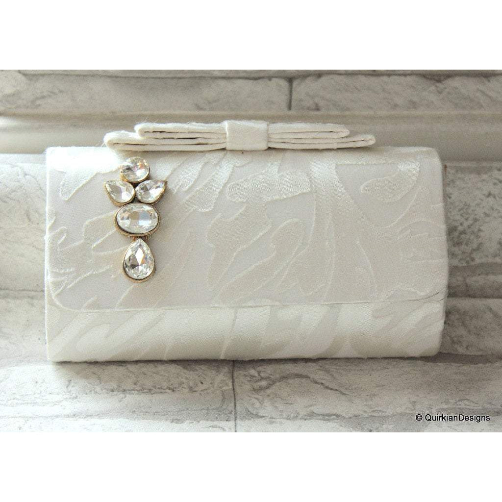 Wedding Party Clutch, Hard Body Purse, White Fabric Purse With Crystal Embellishment