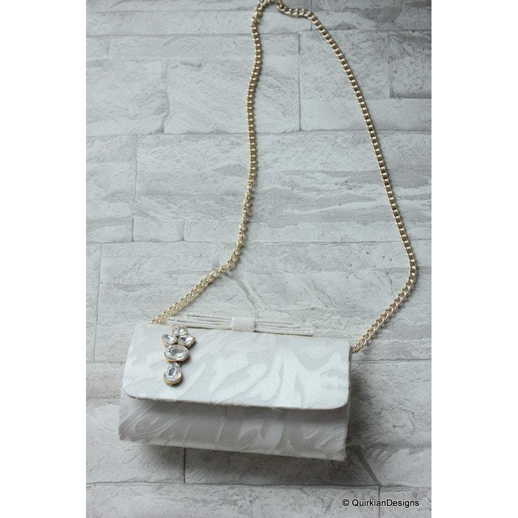 Wedding Party Clutch, Hard Body Purse, White Fabric Purse With Crystal Embellishment