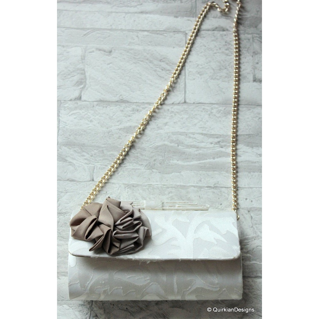 Wedding Party Clutch, Hard Body Purse, White Fabric Purse With Grey Flower Applique