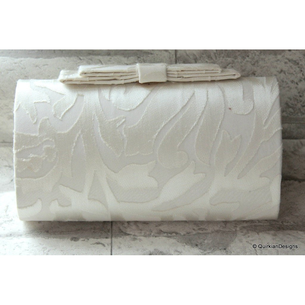 Wedding Party Clutch, Hard Body Purse, White Fabric Purse With Grey Flower Applique