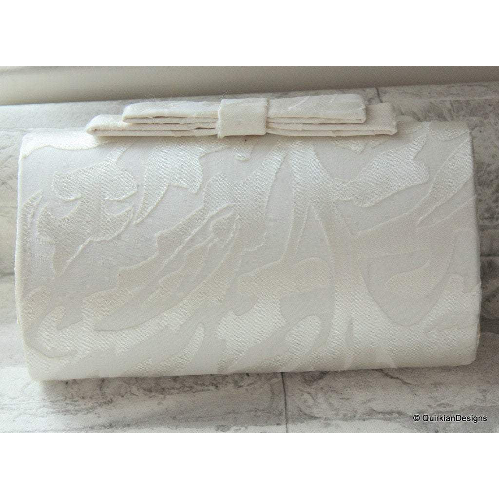 Wedding Party Clutch, Hard Body Purse, White Fabric Purse With White Flower Applique