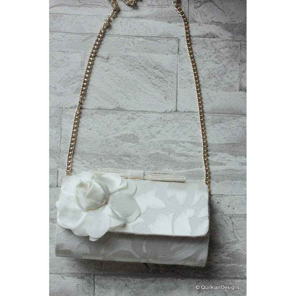 Wedding Party Clutch, Hard Body Purse, White Fabric Purse With White Flower Applique