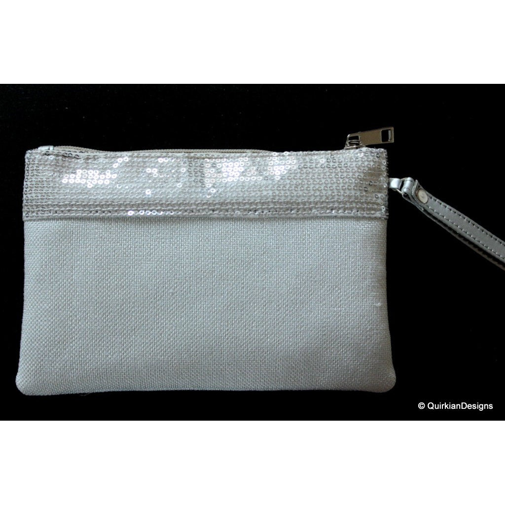 Wedding Party Clutch, Silver Fabric Purse, Sequins Purse With Silver Round Accents