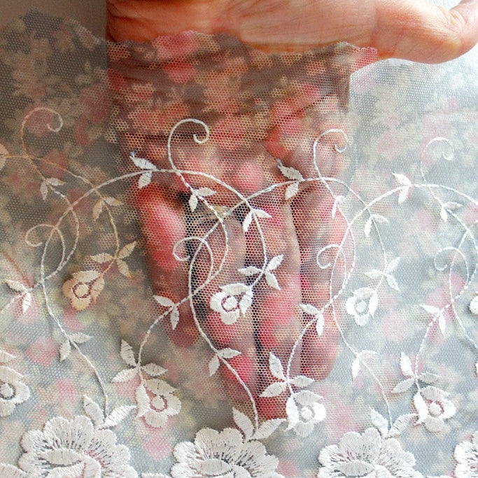 Grey And Pink Soft Net Lace Trim with White Embroidered Flowers 7 inches wide