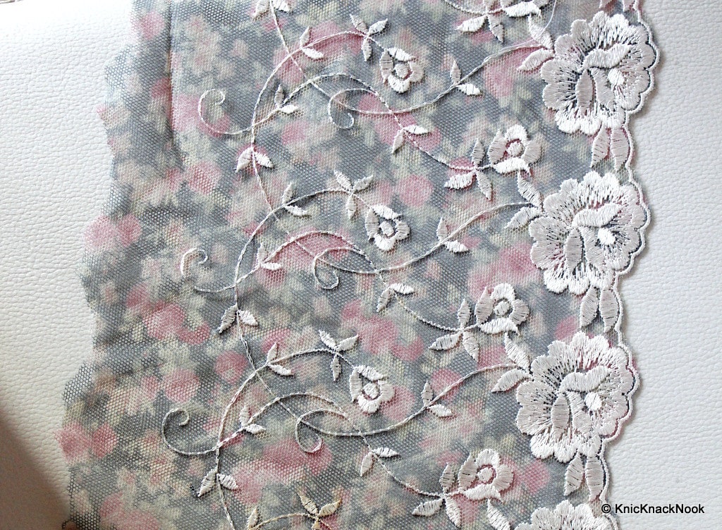 Grey And Pink Soft Net Lace Trim with White Embroidered Flowers 7 inches wide