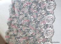Thumbnail for Grey And Pink Soft Net Lace Trim with White Embroidered Flowers 7 inches wide