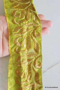 Thumbnail for Green Fabric Trim With Gold Thread Embroidery, Approx. 68mm Wide - 170216L4