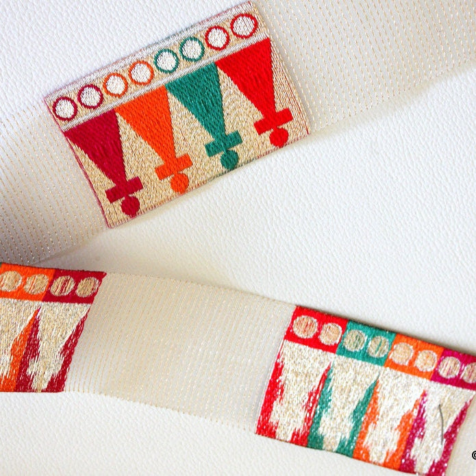 Gold Sheer Trim With Red, Green, Orange And Fuchsia Pink Threadwork
