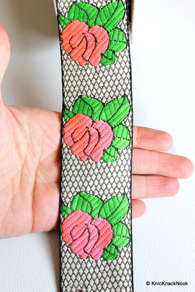Black And White Lace With Pink Rose And Green Leaves Floral Trim, Approx. 47mm wide - 140316L223B
