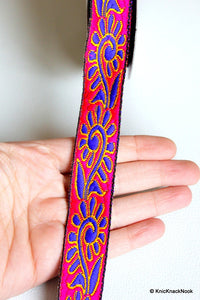 Thumbnail for Wholesale Fuchsia Pink Lace Trim With Blue Thread Embroidery, Approx. 25mm Wide Trim by Yards Indian Jacquard Woven Trim