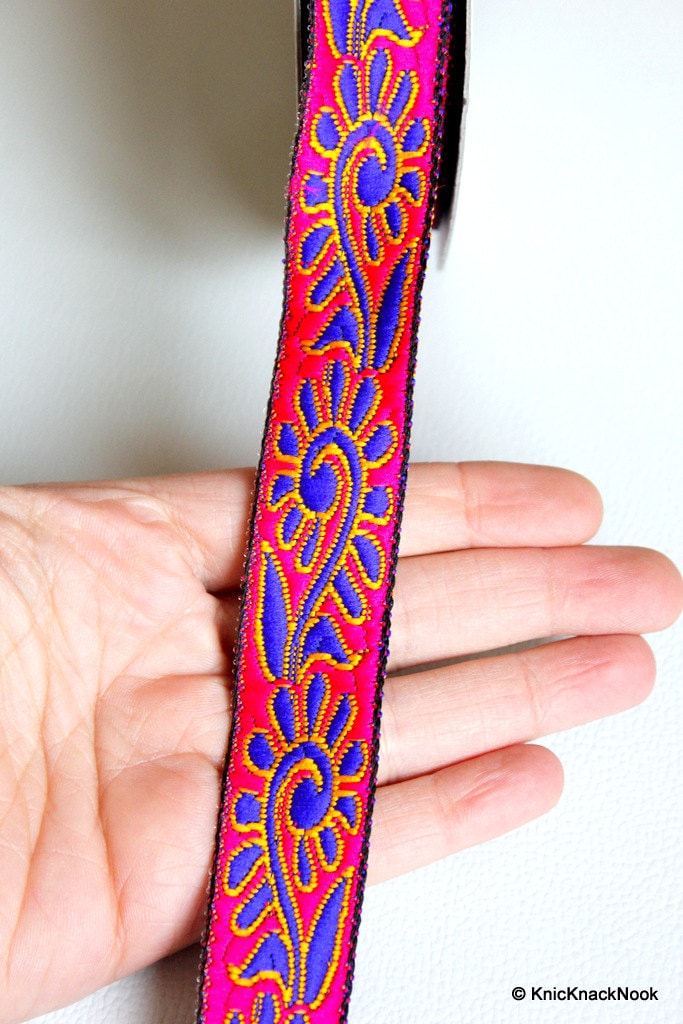 Fuchsia Pink Lace Trim With Blue Thread Embroidery, Approx. 25mm Wide