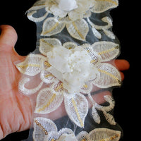 Thumbnail for White Embroidered Flower Lace Trim With Sequins And Pearls, White And Gold Floral Trim Lace, Approx. 13.5cm Wide