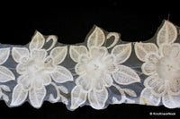 Thumbnail for White Embroidered Flower Lace Trim With Sequins And Pearls, White And Gold Floral Trim Lace, Approx. 13.5cm Wide