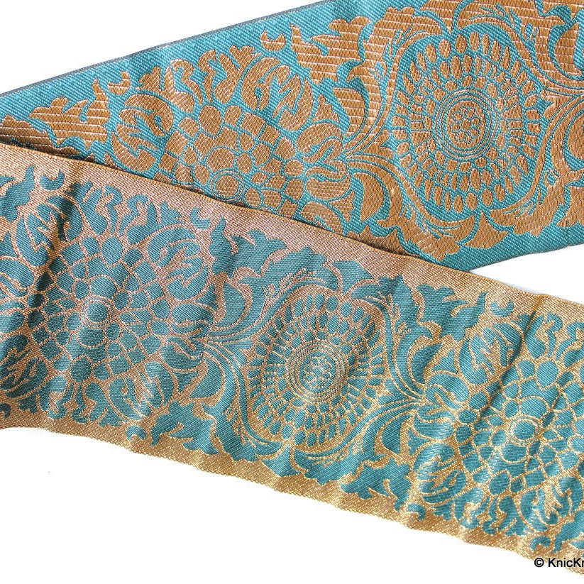 Green Fabric Trim With Gold Embroidery, Approx. 10.2 cm Wide