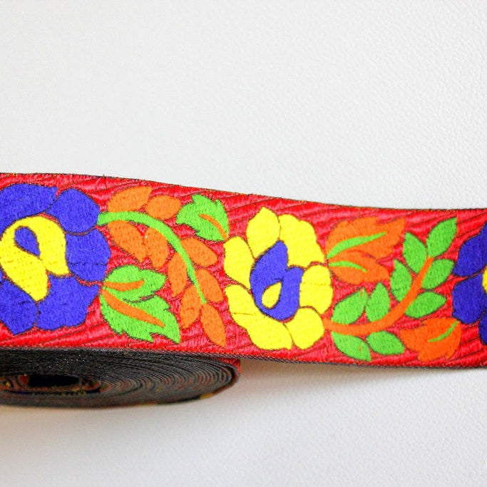 Jacquard Red Woven Trim With Floral Embroidery, Yellow, Blue