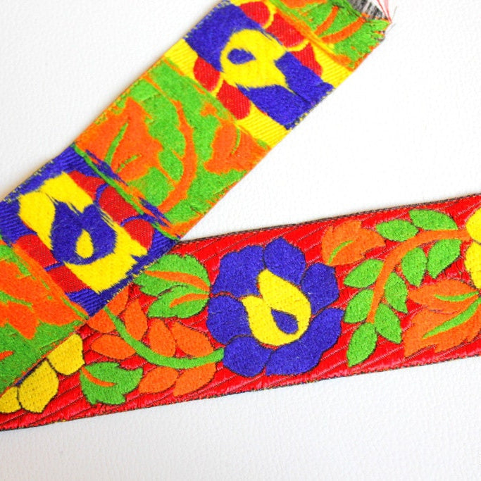 Jacquard Red Woven Trim With Floral Embroidery, Yellow, Blue
