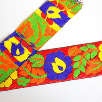Thumbnail for Jacquard Red Woven Trim With Floral Embroidery, Yellow, Blue