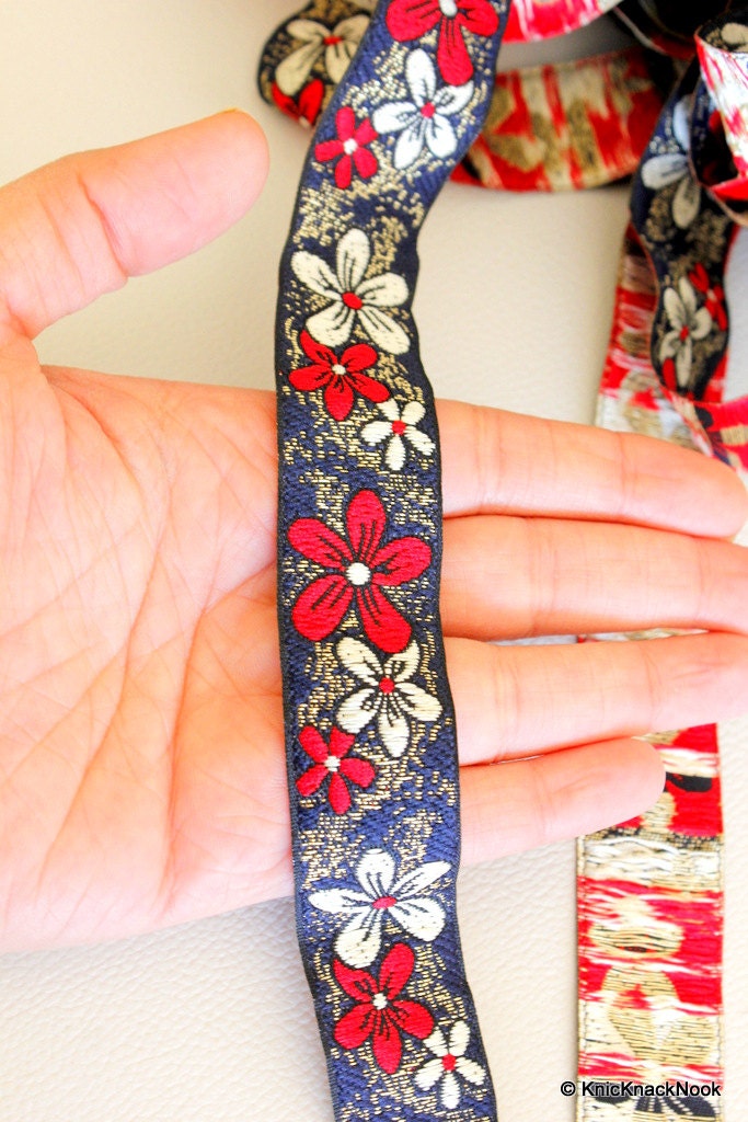 Red, Beige And Gold Flower Embroidery Blue Fabric Lace Trim, Approx. 26mm Wide