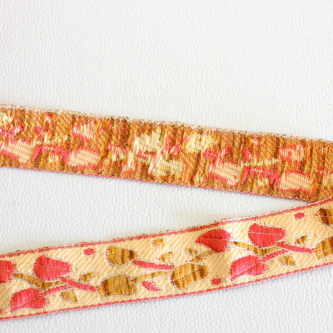 Beige, Brown And Pink Embroidery Lace Trim, Approx. 28mm Wide