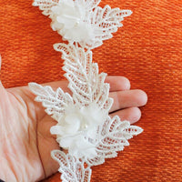 Thumbnail for White Embroidered Flower With Leaves Lace Crochet Trim With Pearls, Approx. 11cm Wide