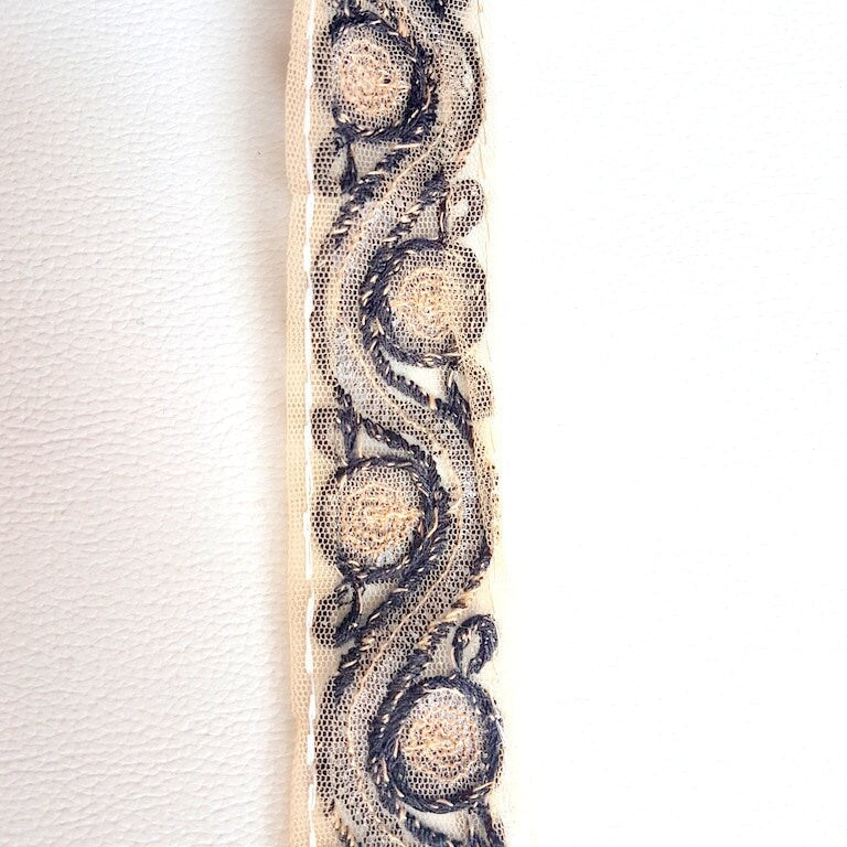 Beige Net Lace Trim With Black Embroidery And Sequins, Approx. 35mm wide
