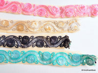 Thumbnail for Beige Net Lace Trim With Blue Embroidery And Sequins, Approx. 35mm wide