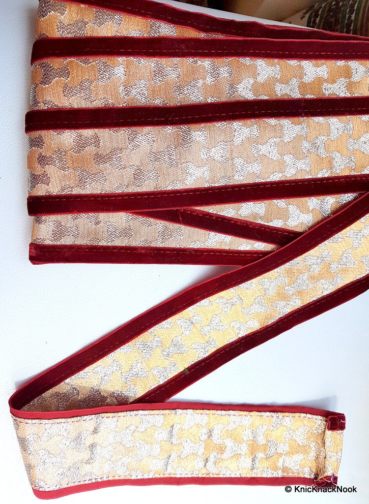 Gold Trim With Maroon Velvet Border Piping, Approx. 60 mm wide