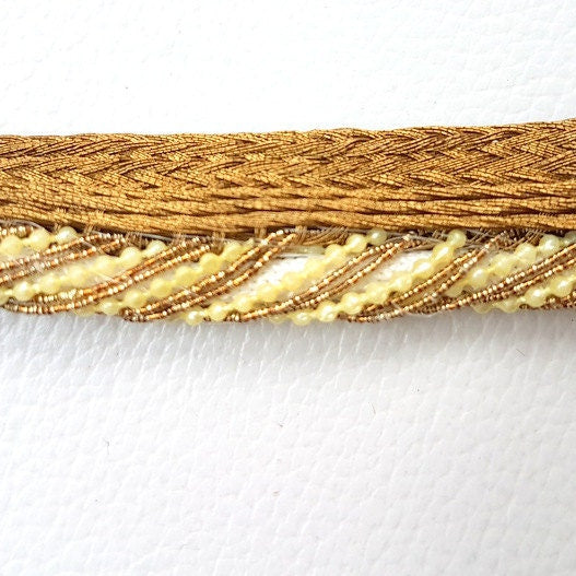 Antique Bronze Woven Trim With Gold Thread And Pearls, Approx. 20mm
