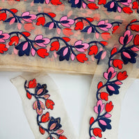 Thumbnail for Gold Sheer Trim With Red, Blue And Pink Floral Embroidery, Approx. 65mm Wide