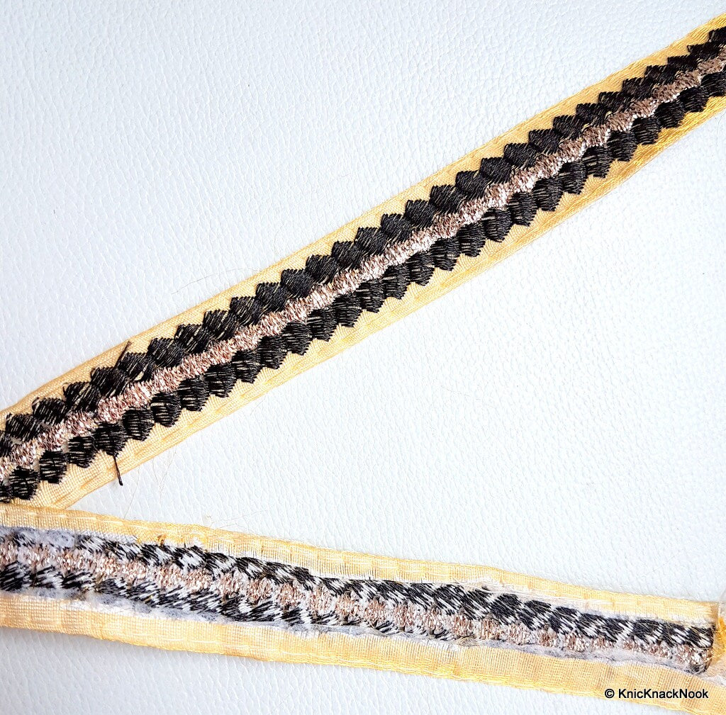 Beige Fabric Trim With Black And Gold Thread Embroidery Lace Trim, Approx. 25mm Wide
