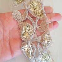 Thumbnail for Beige Net Trim With Antique Silver Thread And Sequins Embroidery, Approx. 95mm Wide
