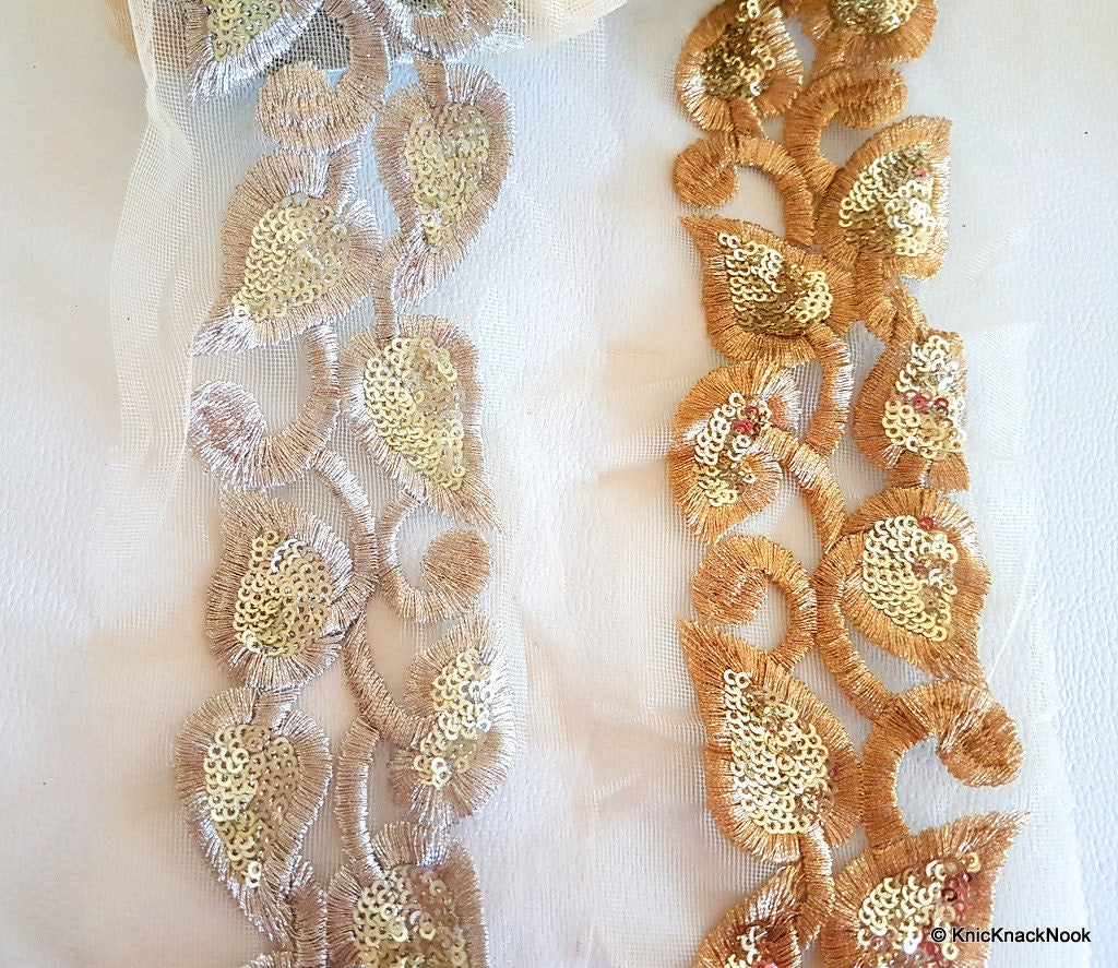 Beige Net Trim With Antique Silver Thread And Sequins Embroidery, Approx. 95mm Wide
