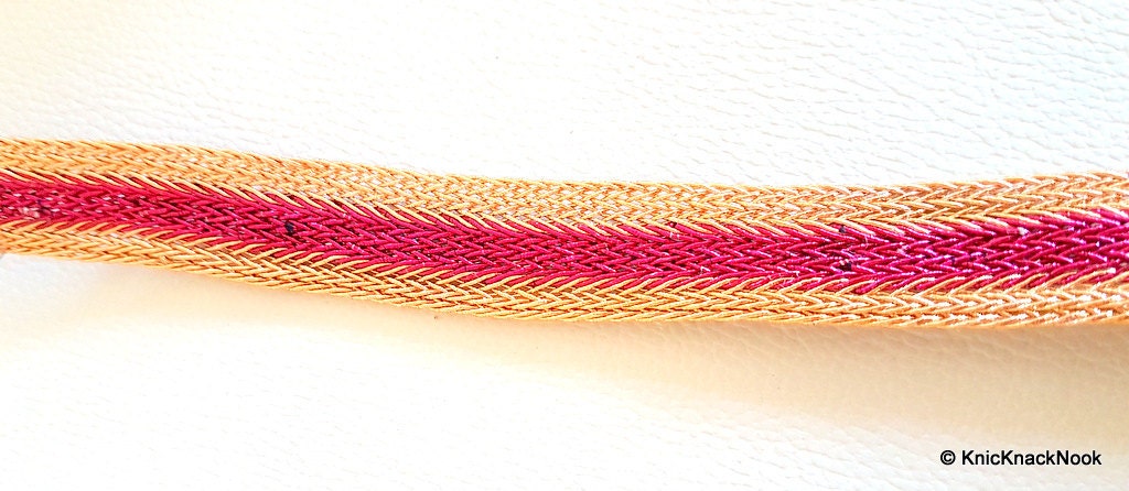 Fuchsia And Gold Woven Thread Lace Trim With Mirror And Rhinestone Embellishments, Approx. 18mm Wide