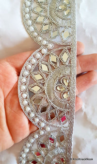Thumbnail for Silver Embroidered Lace Trim With Mirror, Beads And Pearl Embellishments, Approx. 53mm Wide - 140316L187