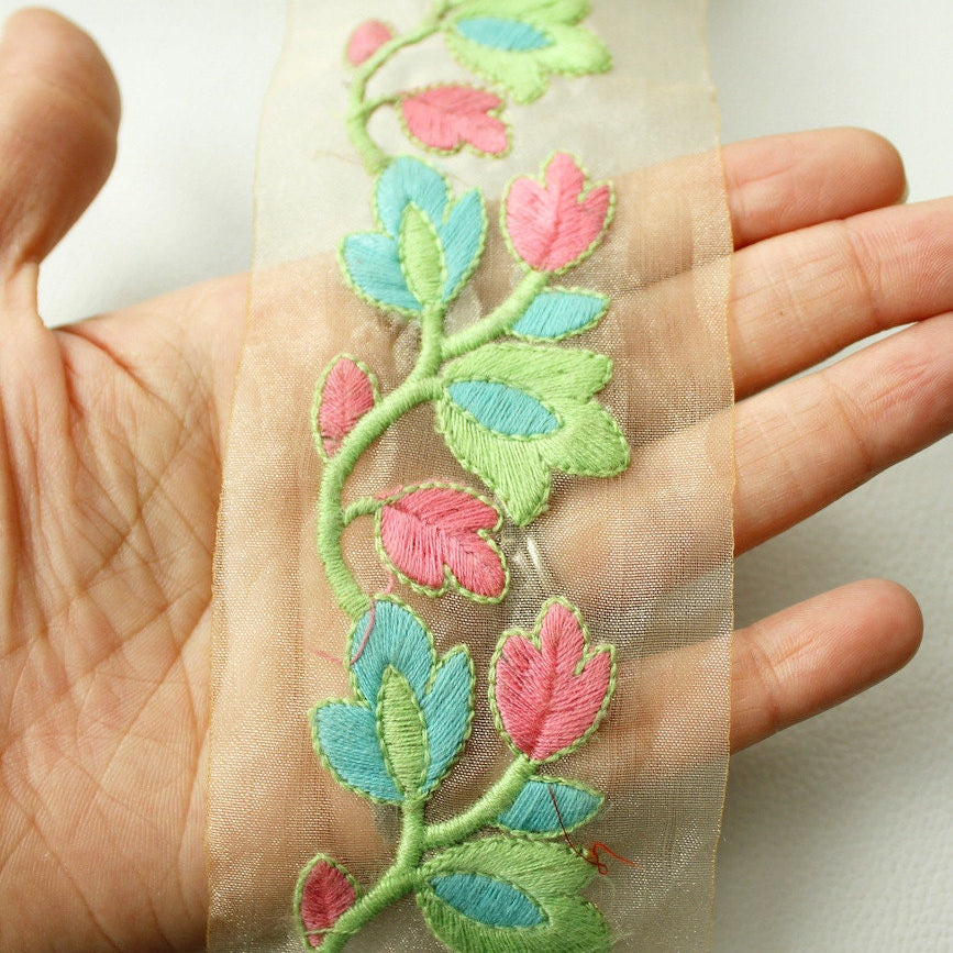 Gold Sheer Trim With Green, Blue And Pink Floral Embroidery, Approx. 65mm Wide